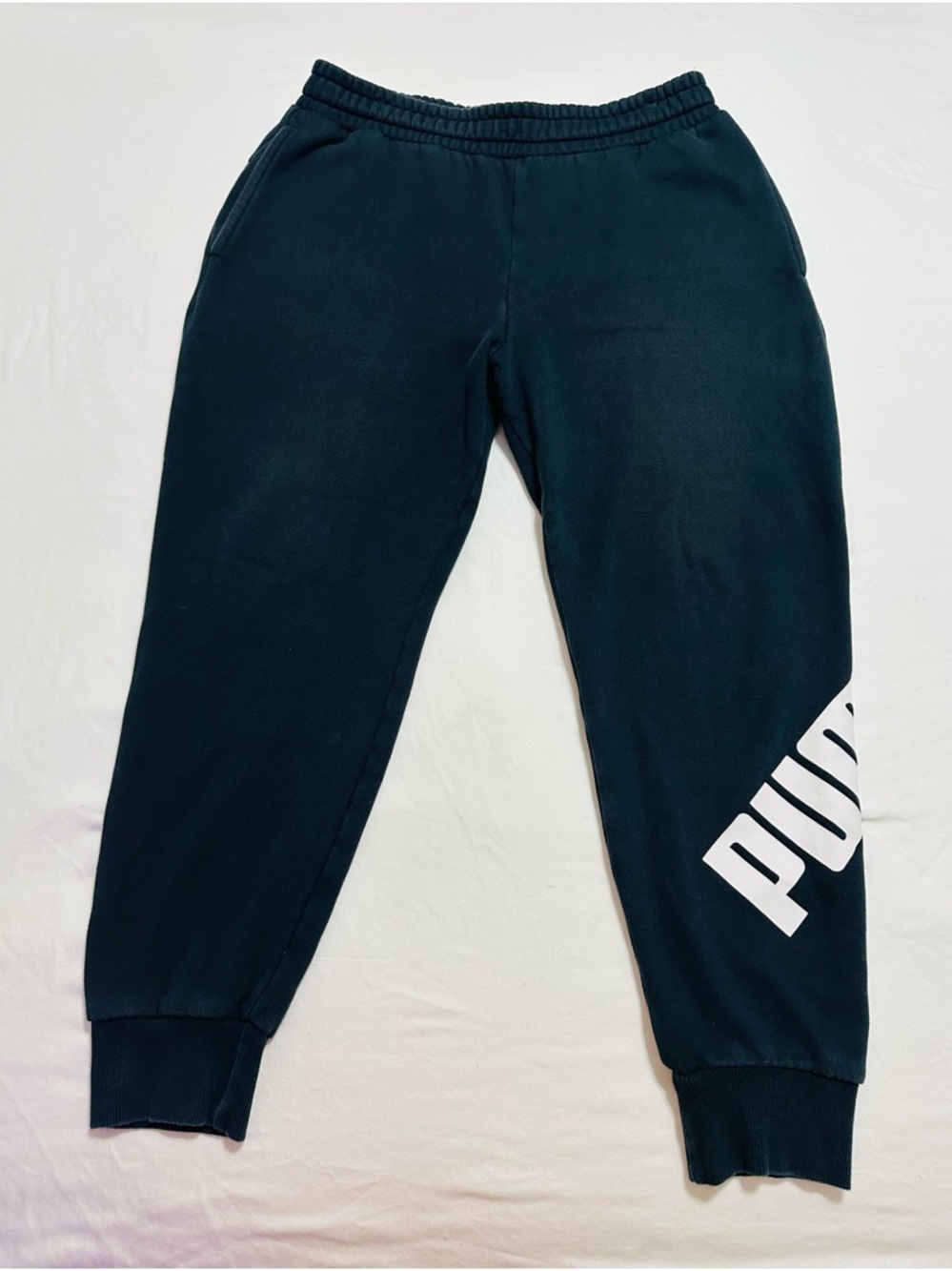 PUMA BLACK JOGGER SWEATPANTS MENS SIZE L LARGE TAPERED WHITE ATHLETIC PUMA LOGO - Picture 2 of 9